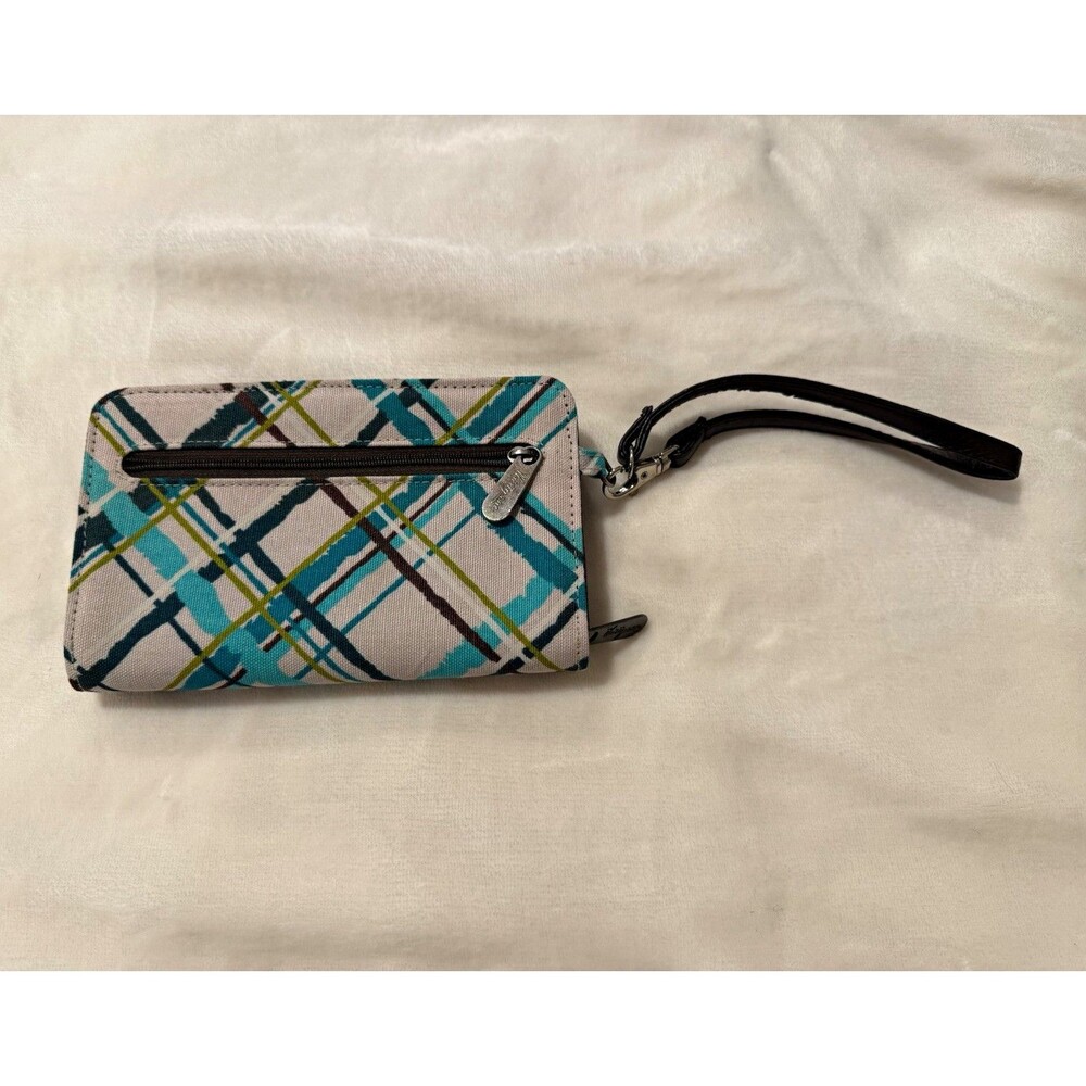 Thirty-One Plaid Wristlet Zip Wallet Gray Blue Green Brown Card Slots Strap